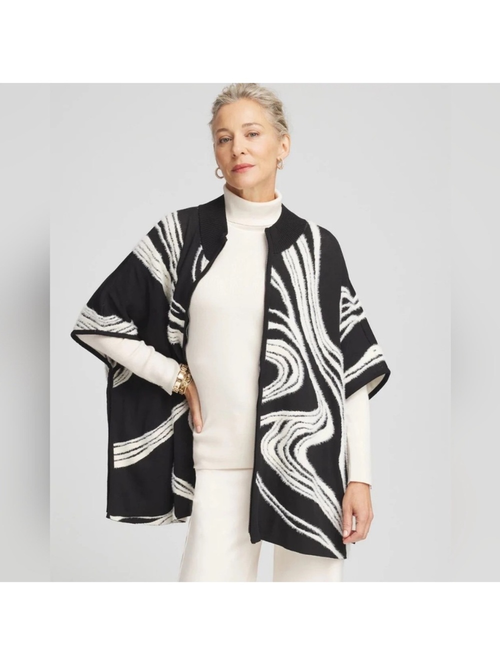 Chico's Eyelash Zip Front Knit Ruana Sweater Poncho Black White Swirl L/XL NWOT